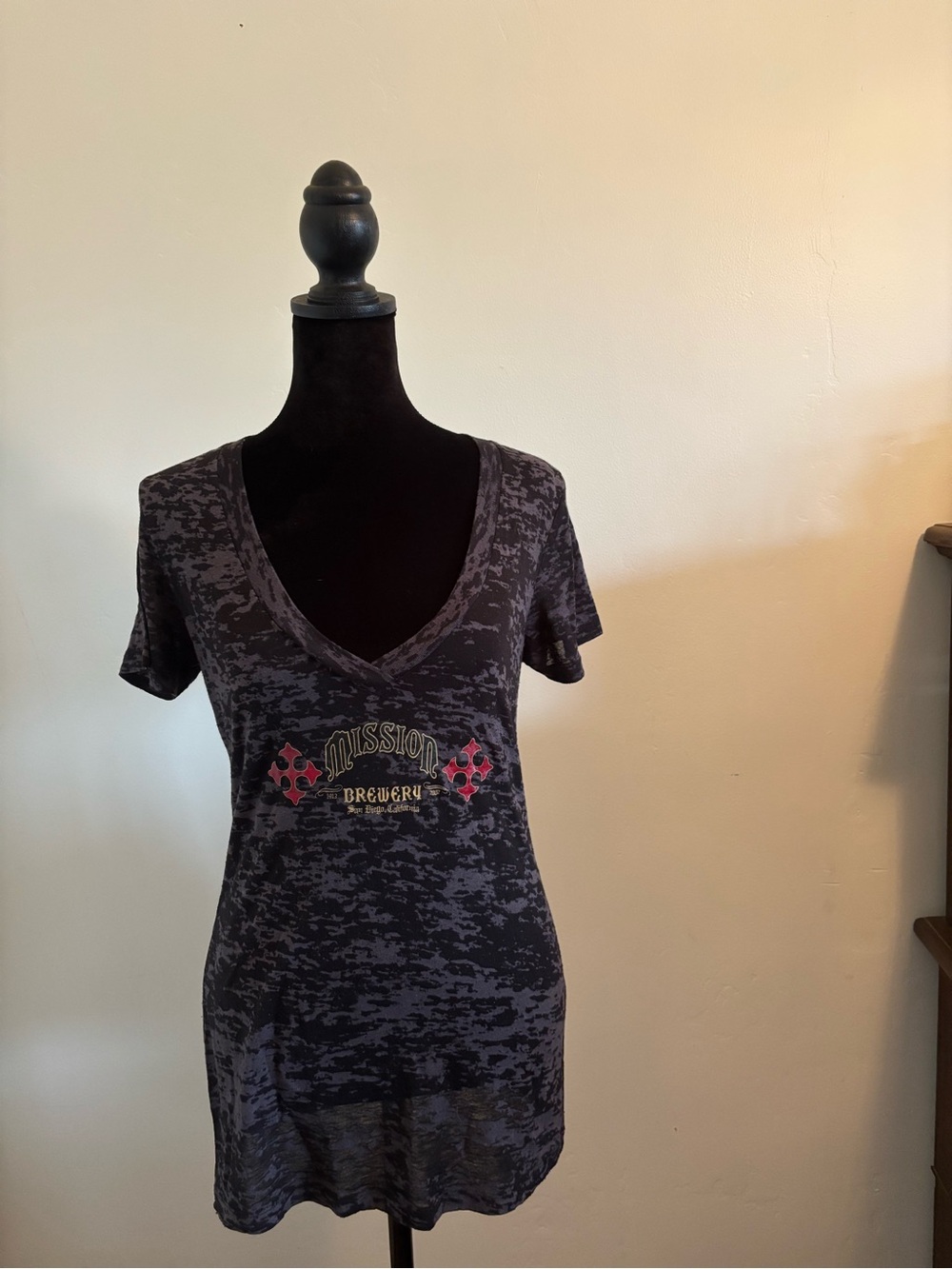 Next Level Apparel Women's Black Burnout V-Neck Tee with Red Accent